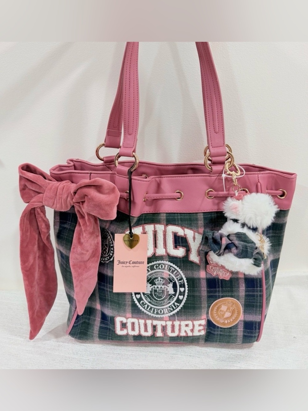 👄 Y2K Juicy Couture Pink Plaid Tote with Velvet Bow and Fur Charm Daydreamer Bag